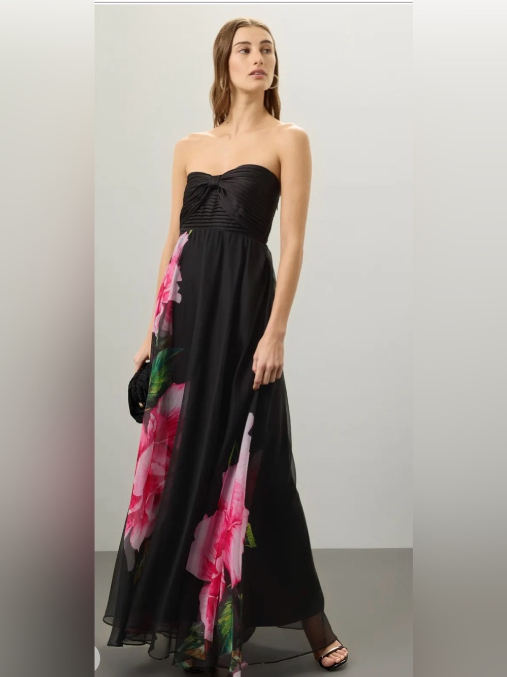 One33 Social Pleated Strapless Floral-Print Bow-Front Gown